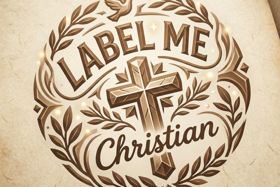 Decorative circular label with text: 'Label Me Christian by Faith, for Love, in His Image' with leaves and a cross graphic